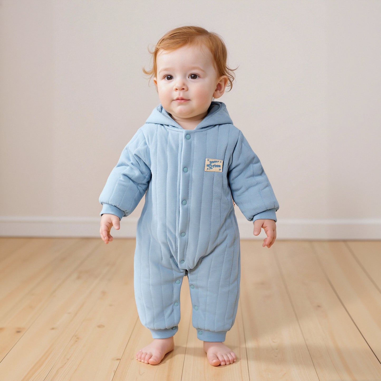 100% Cotton Quilted Hoodie Snap-Up Romper - Blue