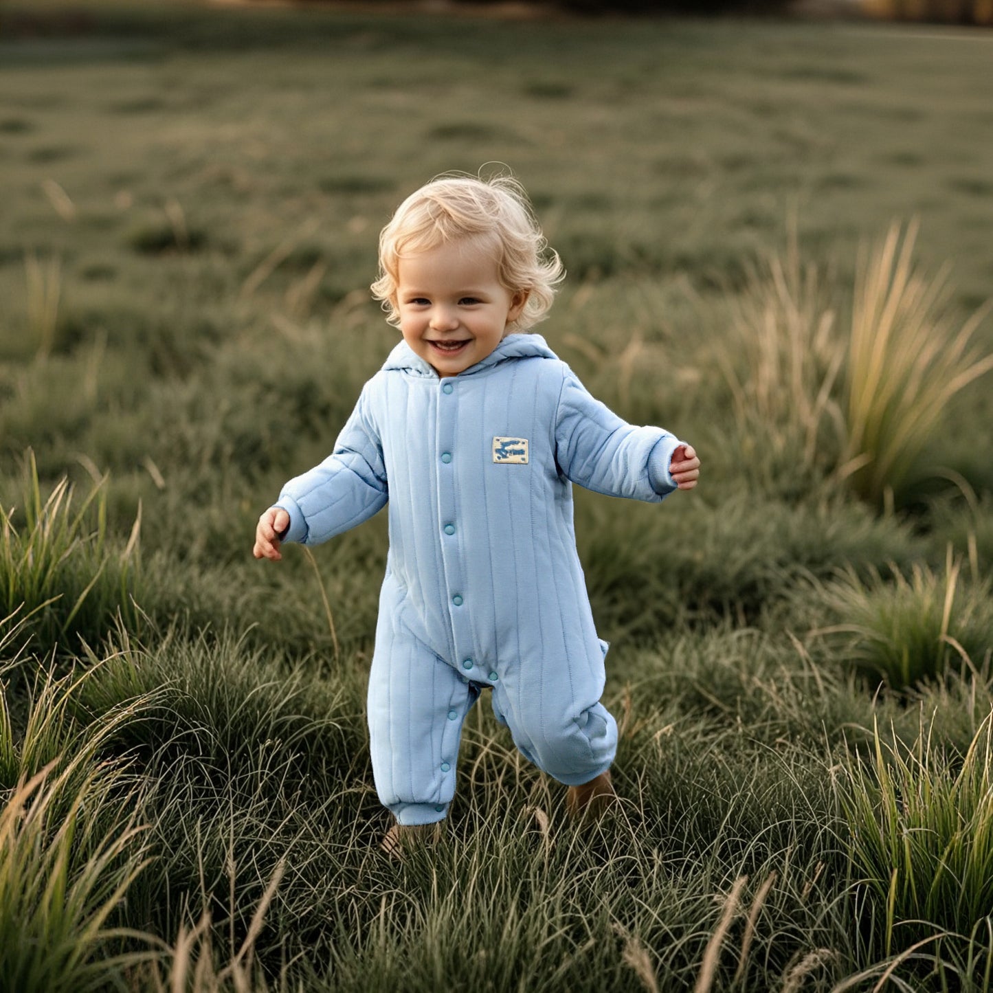 100% Cotton Quilted Hoodie Snap-Up Romper - Blue