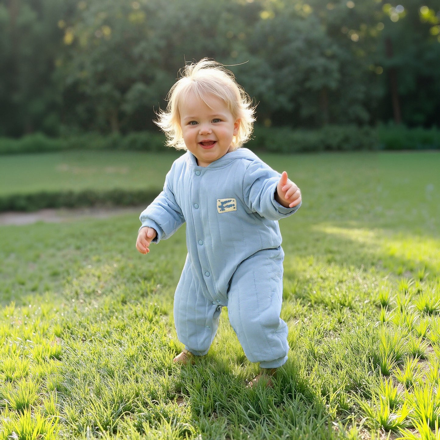 100% Cotton Quilted Hoodie Snap-Up Romper - Blue