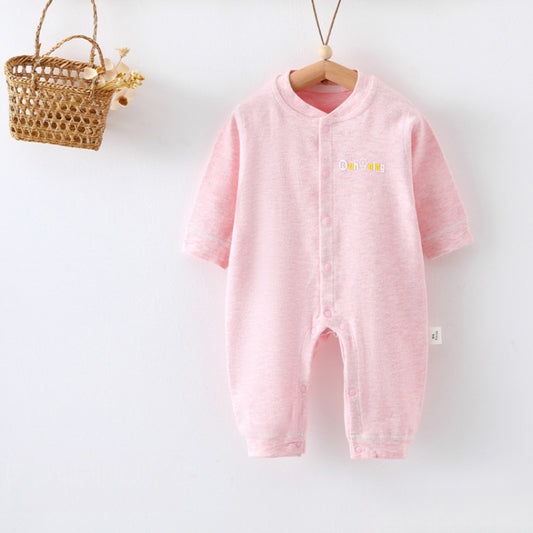 Cotton Snap-Up Long Sleeve Romper - Pink