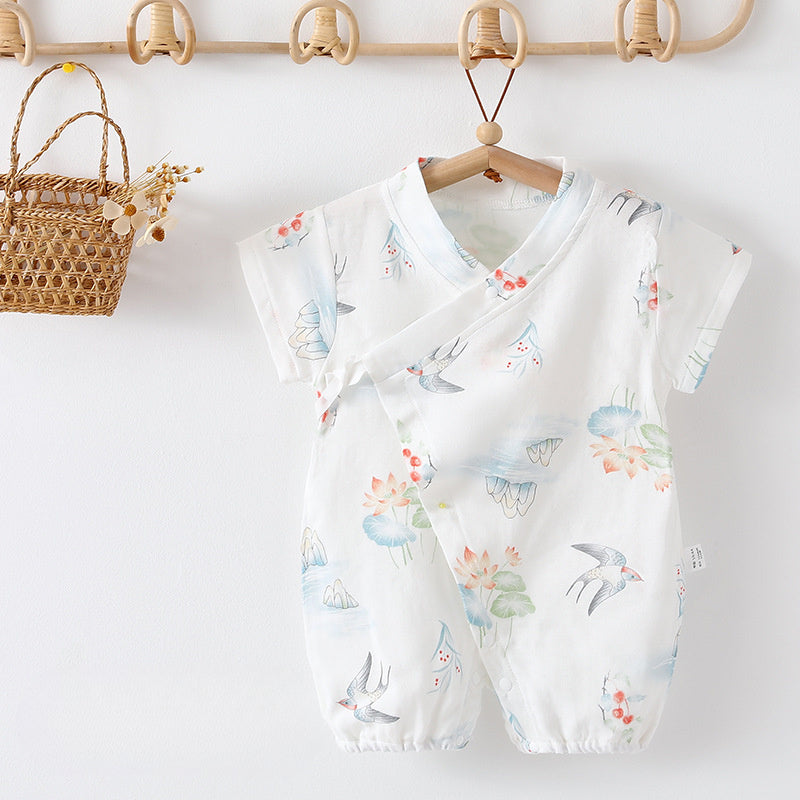 Cotton & Bamboo Muslin Short Sleeve Romper - Flower with Bunny