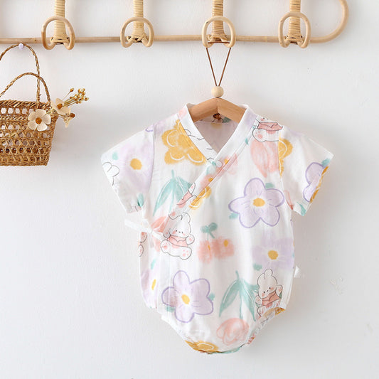 Cotton & Bamboo Muslin Short Sleeve Bodysuit - Flower with Bunny