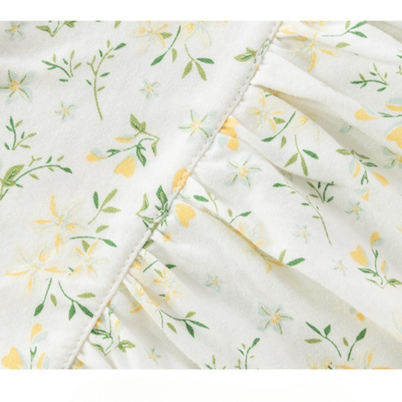 100% Cotton Flutter-Sleeve Dress - Yellow Spring Floral