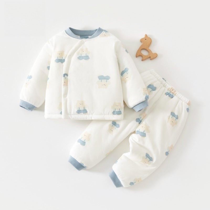 100% Cotton Long Sleeve Quilted Top & Pants Set- Green Cookie Bear