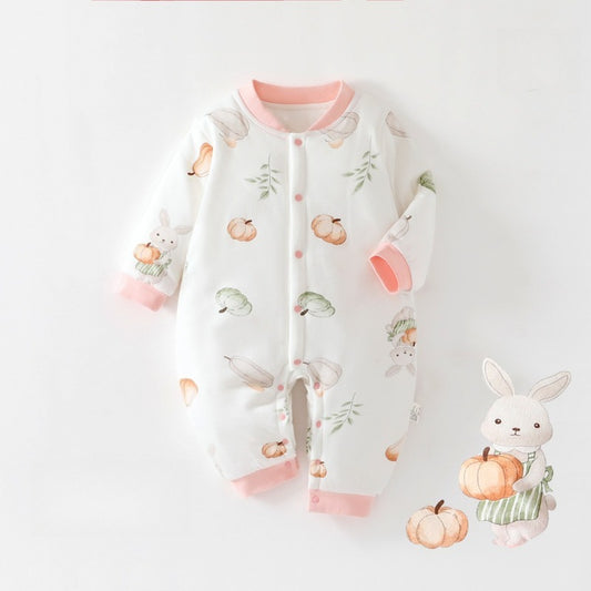 100% Cotton Quilted Long Sleeve Snap-Up Romper - Pink Pumpkin