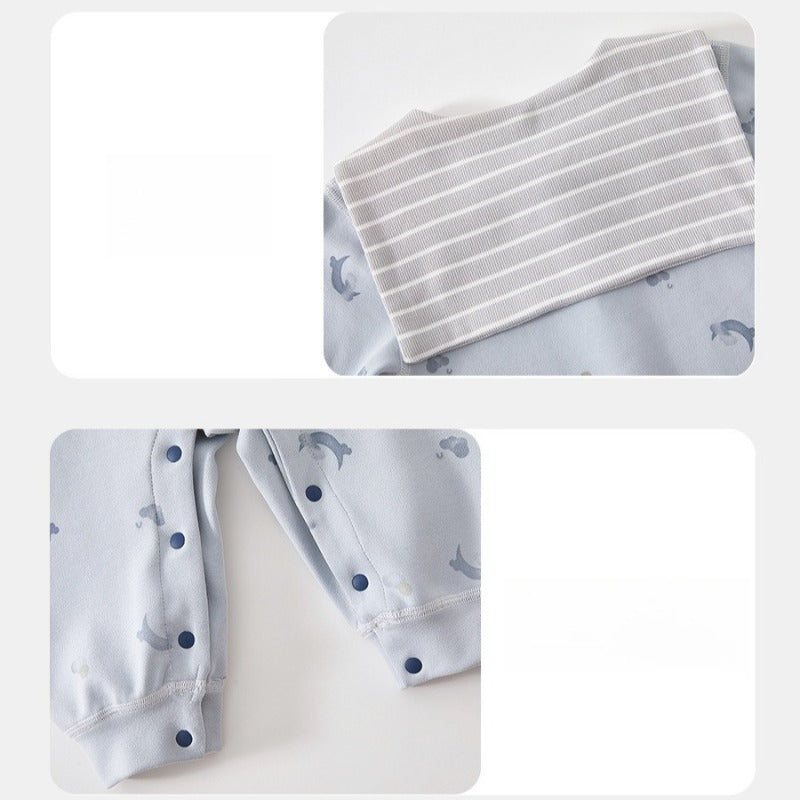 100% Cotton Snap-up Long-Sleeve Romper - Blue Dolphin