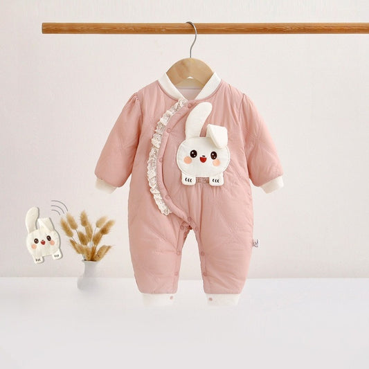 Cotton Long Sleeve Snap-Up Quilted Romper - Pink Bunny