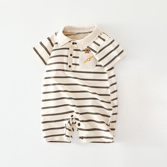 Cotton Short Sleeve Snap-Up Romper - Red Stripe & Bear - Organic Cotton Clubs