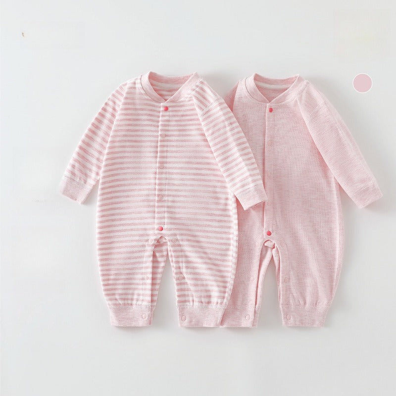 [2-Pieces Set] 100% Cotton Long Sleeve Snapup Romper - Beige & Beige Stripe