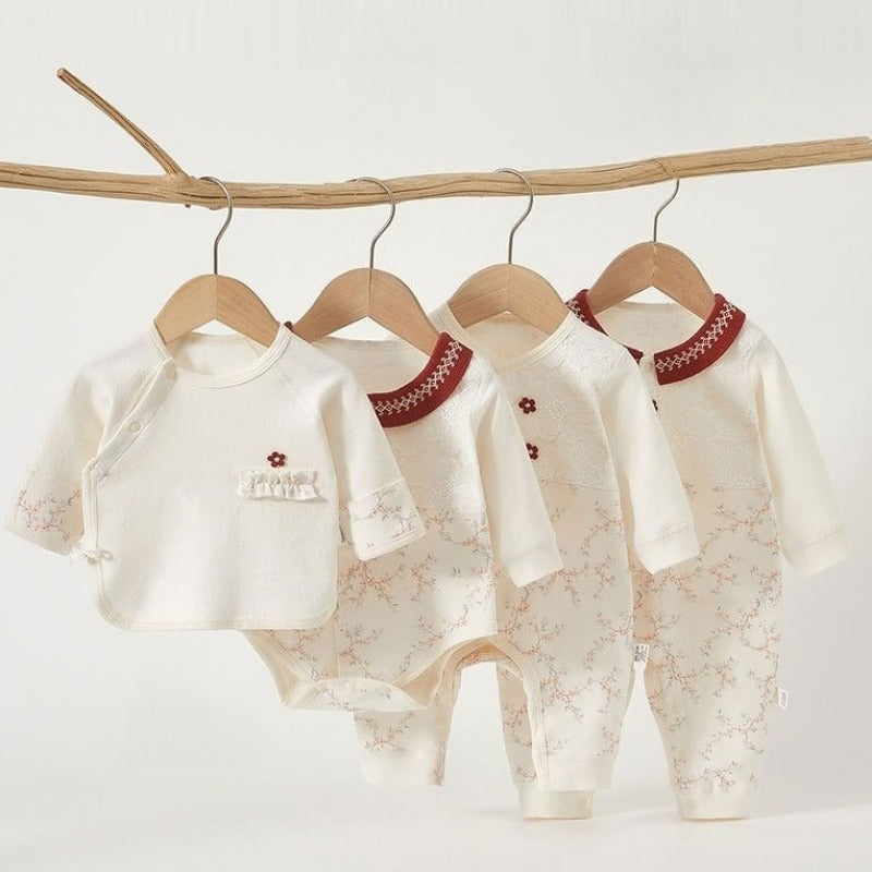 Cotton Long Sleeve Snap-Up Bodysuit - Red Flower
