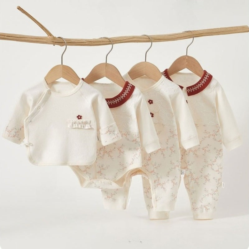 Cotton Snap-Up Long Sleeve Romper - Red Flower