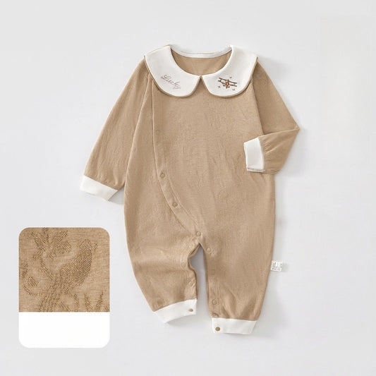 100% Cotton Long Sleeve Snap-Up Romper - Brown Airplane
