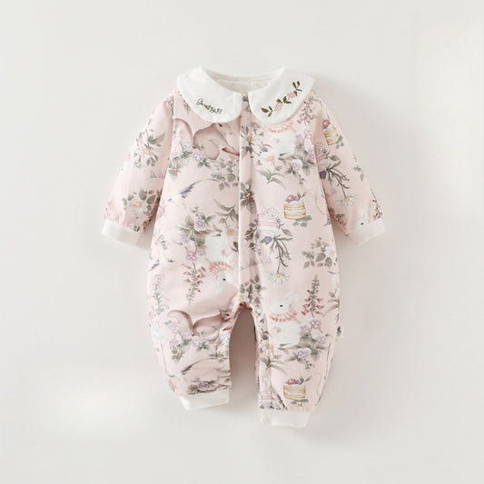 100% Cotton Warm Long Sleeve Snap-Up Romper - Pink Flowers