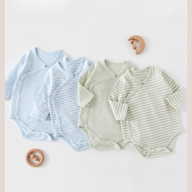 [2-Pieces Set] 100% Cotton Long Sleeve Side-Snap Bodysuit - Blue & Blue Stripe