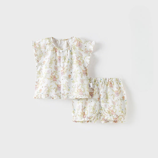 Cotton Short-Sleeve Top & Pants Set - Deer & Bunny Garden