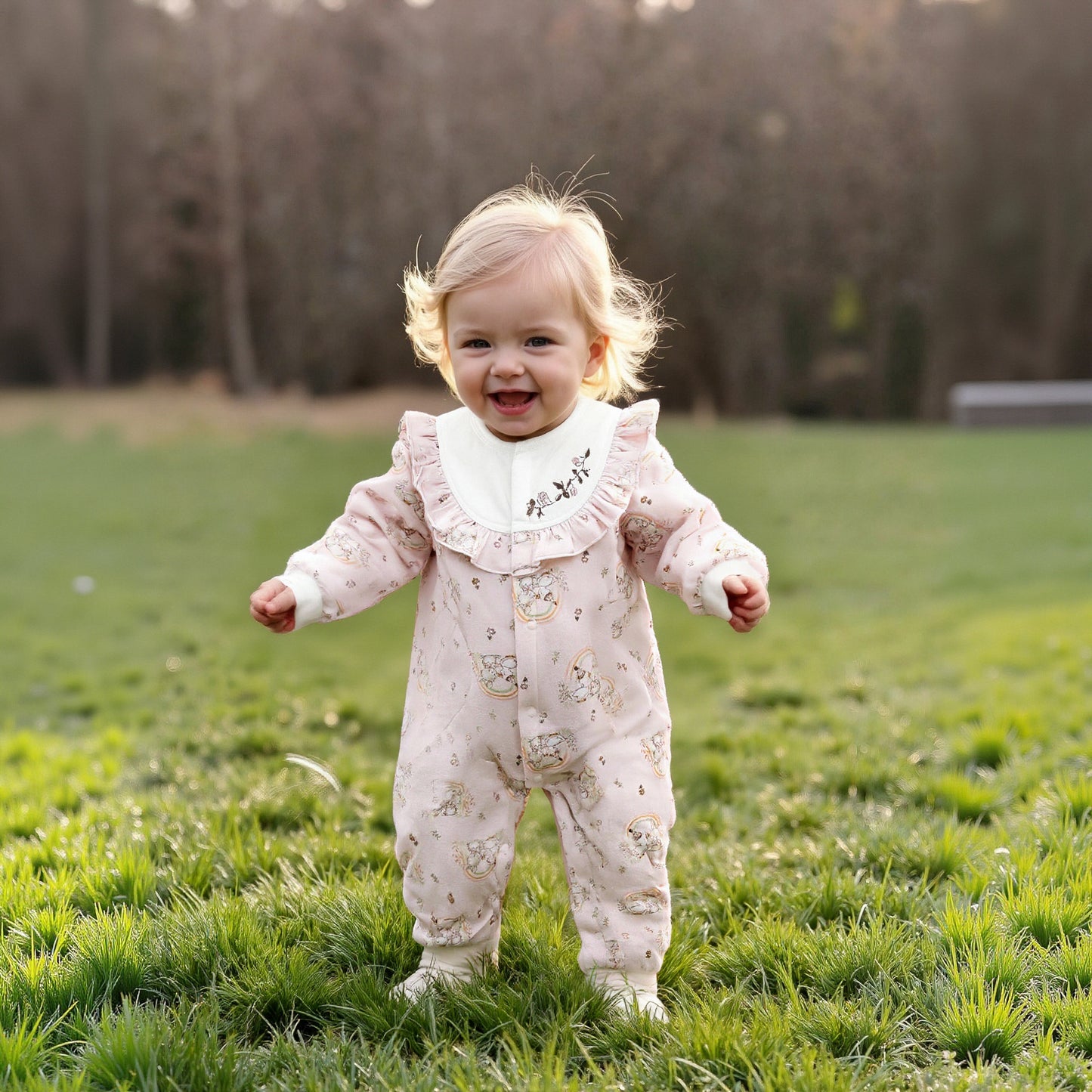 100% Cotton Quilted Long Sleeve Snap-Up Romper - Bunny with Flowers