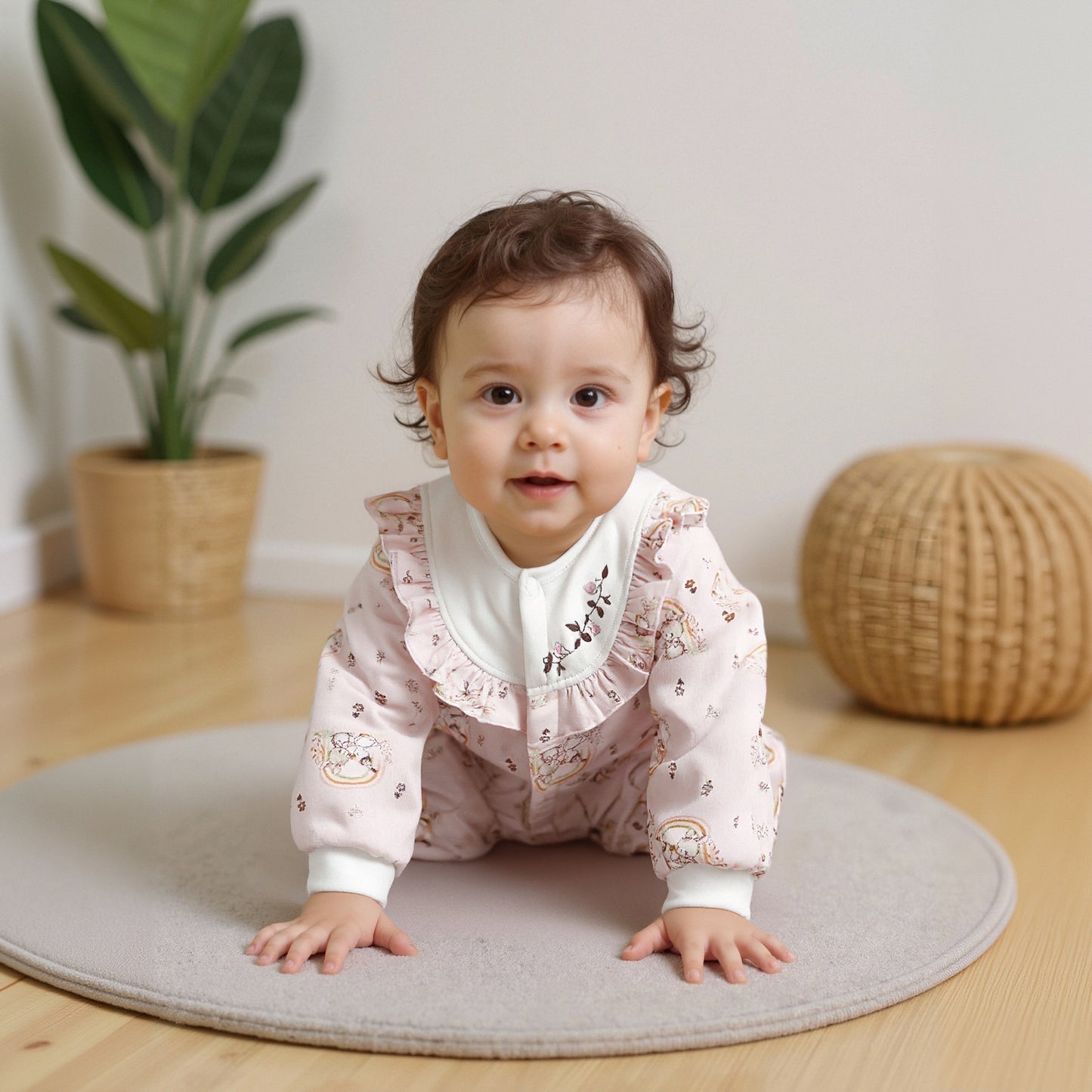 100% Cotton Quilted Long Sleeve Snap-Up Romper - Bunny with Flowers