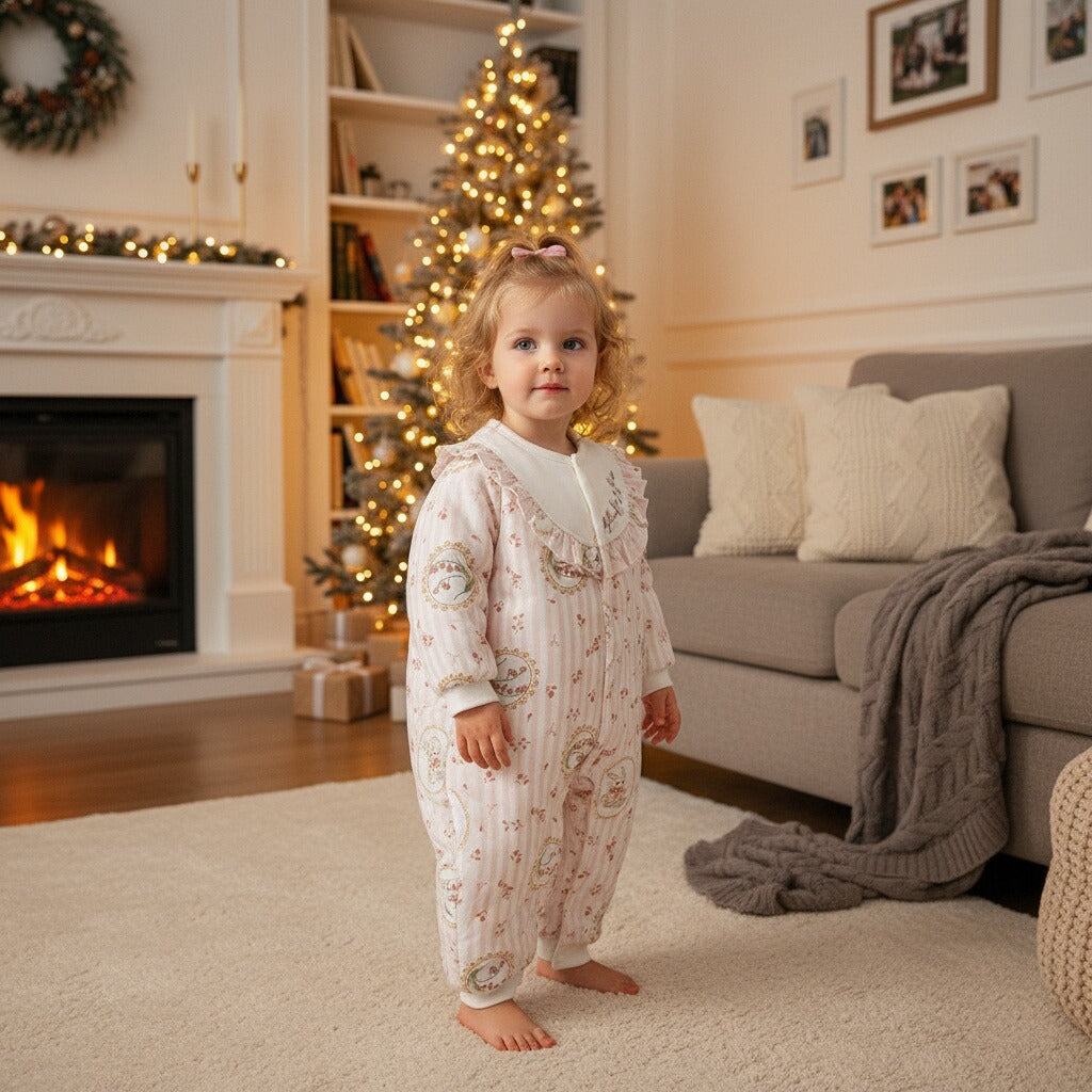 100% Cotton Quilted Long Sleeve Snap-Up Romper - Bunny with Flowers