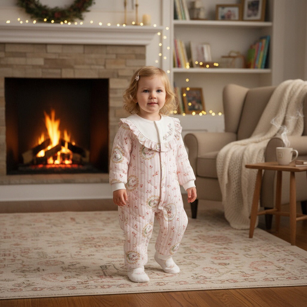 100% Cotton Quilted Long Sleeve Snap-Up Romper - Bunny with Flowers