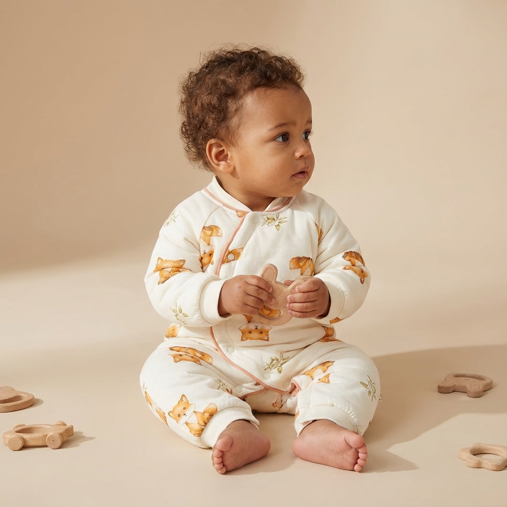 100% Cotton Long Sleeve Snap-Up Quilted Romper - Yellow Bunny