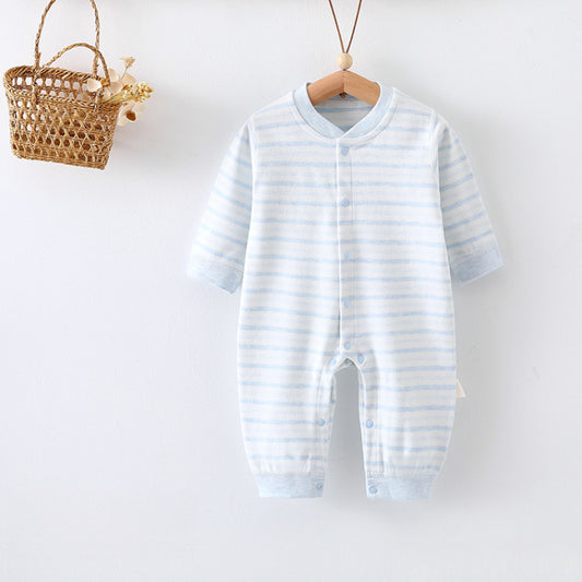 Cotton Snap-Up Long Sleeve Romper - Blue Stripe