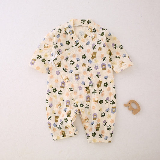 100% Cotton Long-Sleeve Kimono Romper - Bear & Flowers