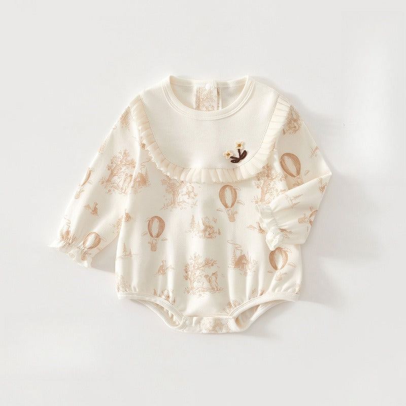 100% Cotton Long Sleeve Overhead Bodysuit - White Crane