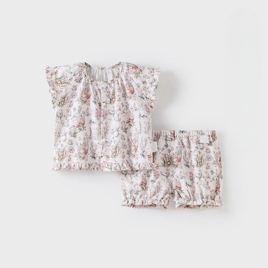 Cotton Short-Sleeve Top & Pants Set - Pink Squirrel Garden