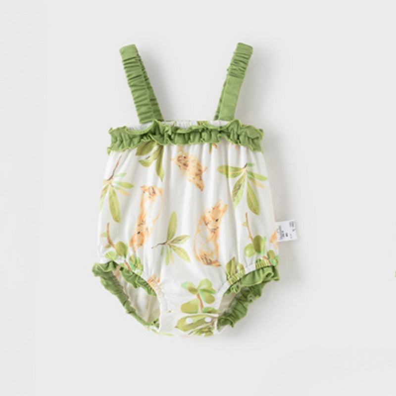 100% Cotton Sleeveless Bodysuit - Green Floral Garden