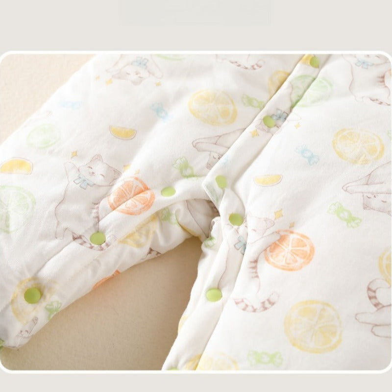 100% Cotton Quilted Long Sleeve Snap-Up Romper - Cat with Lemon