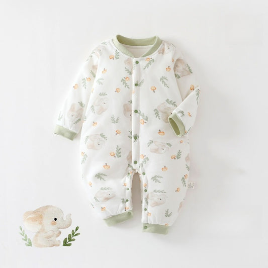 100% Cotton Quilted Long Sleeve Snap-Up Romper - Green Elephant