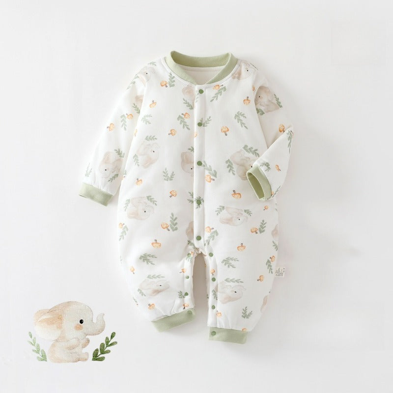 100% Cotton Quilted Long Sleeve Snap-Up Romper - Blue Bear