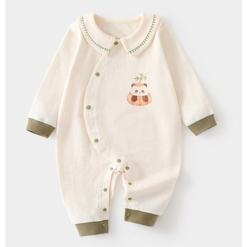 100% Cotton Long Sleeve Snap-Up Romper - Beige Panda