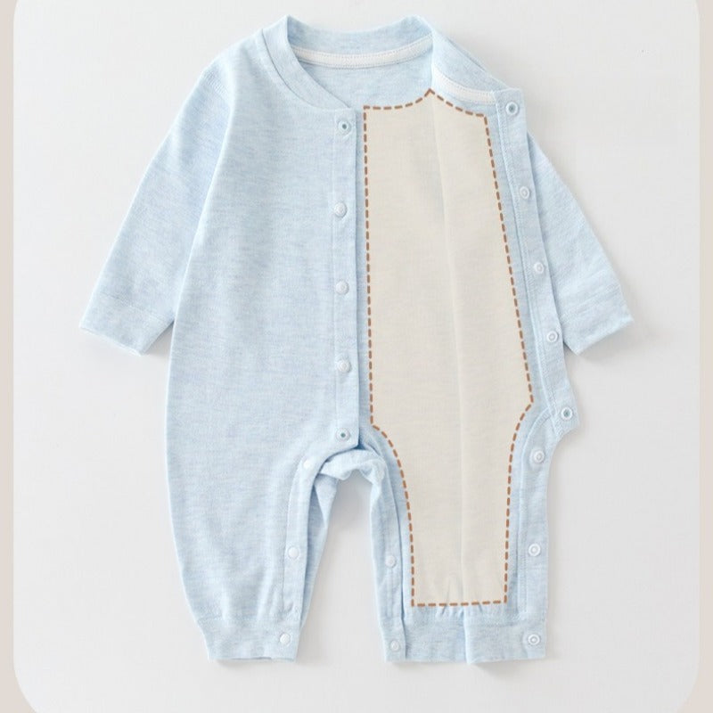 [2-Pieces Set] 100% Cotton Long Sleeve Snapup Romper - Beige & Beige Stripe