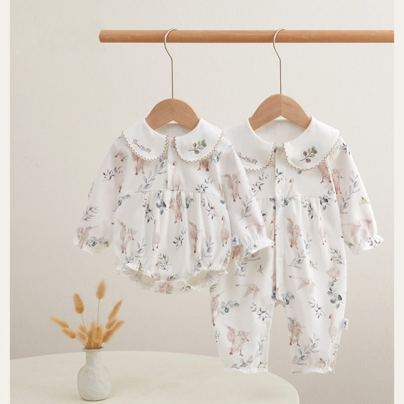 100% Cotton Long Sleeve Overhead Bodysuit - White Crane