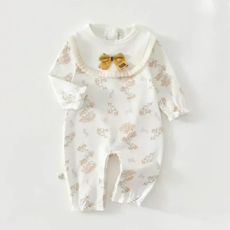 100% Cotton Long Sleeve Snap-Up Romper - Bowknot with Flowers - Organic Cotton Clubs