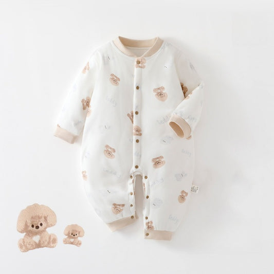 100% Cotton Quilted Long Sleeve Snap-Up Romper - Brown Puppy