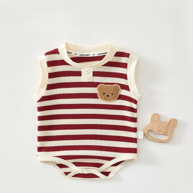 Cotton Sleeveless Overhead Bodysuit - Red Stripe & Bear - Organic Cotton Clubs