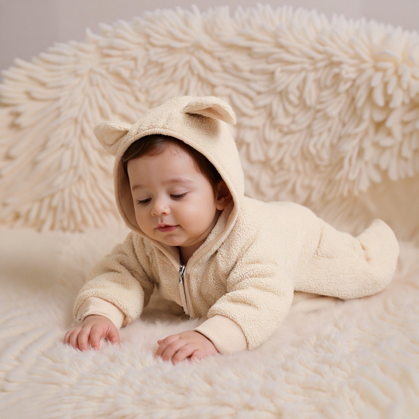 Quilted Microfleece Zip-up Hooded Romper - Beige Sheep