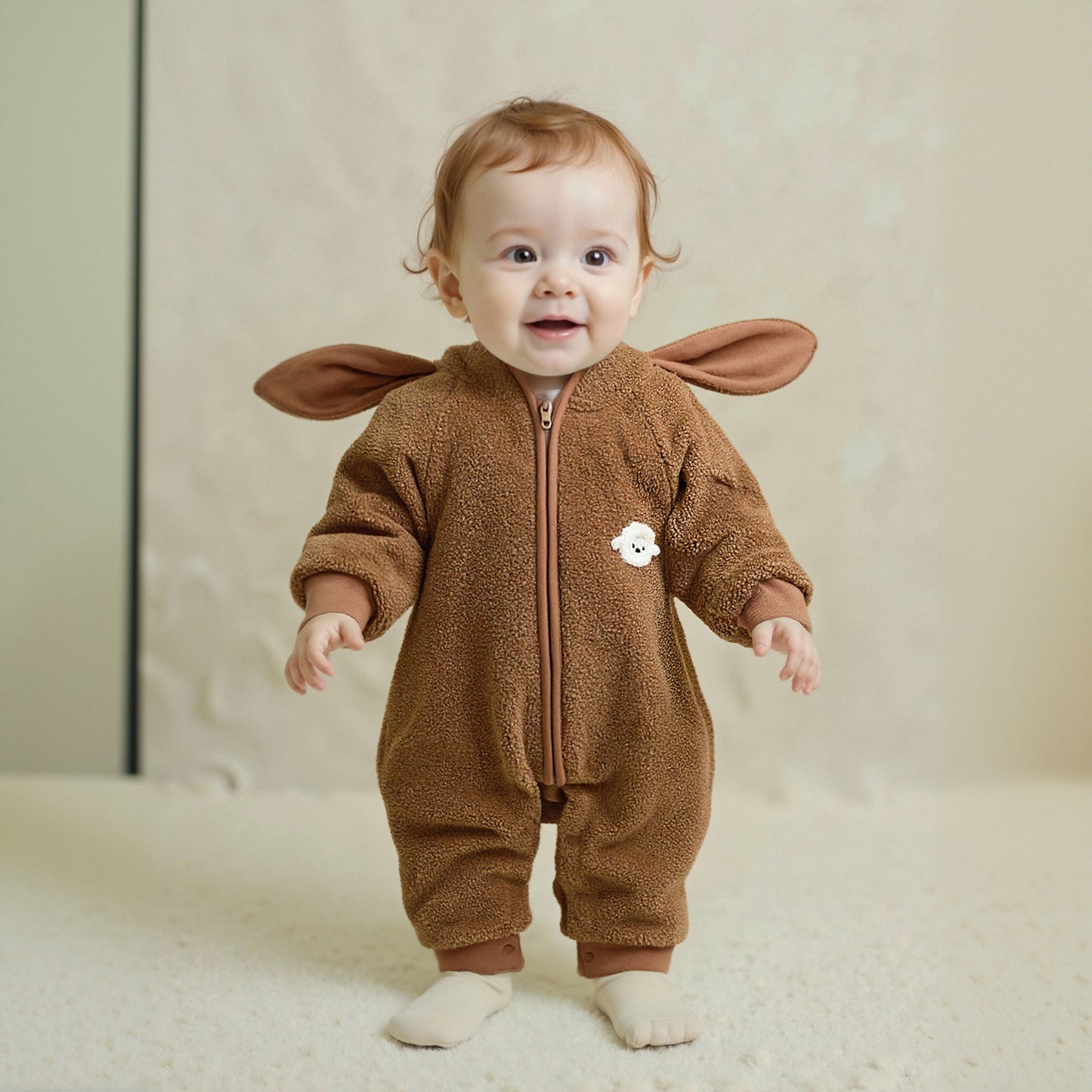 Quilted Microfleece Zip-up Hooded Romper - Beige Sheep