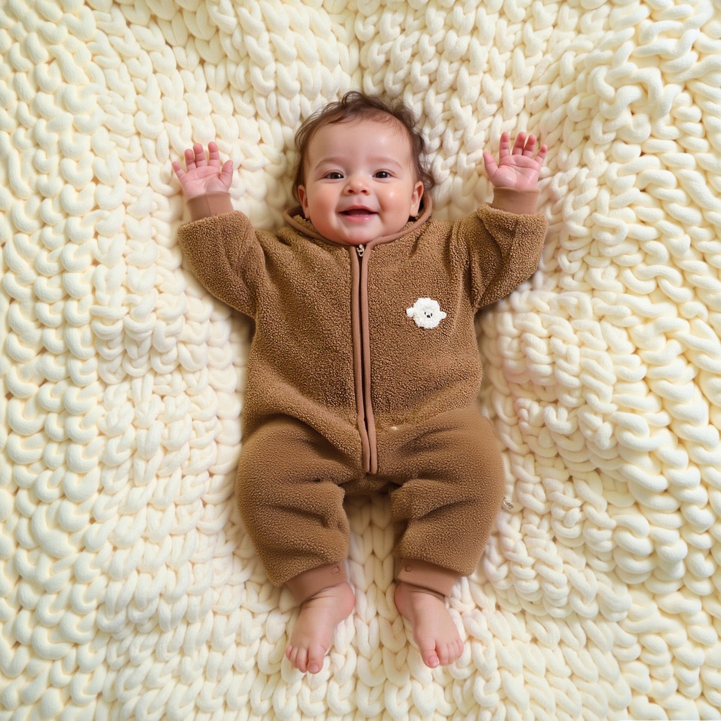 Quilted Microfleece Zip-up Hooded Romper - Beige Sheep