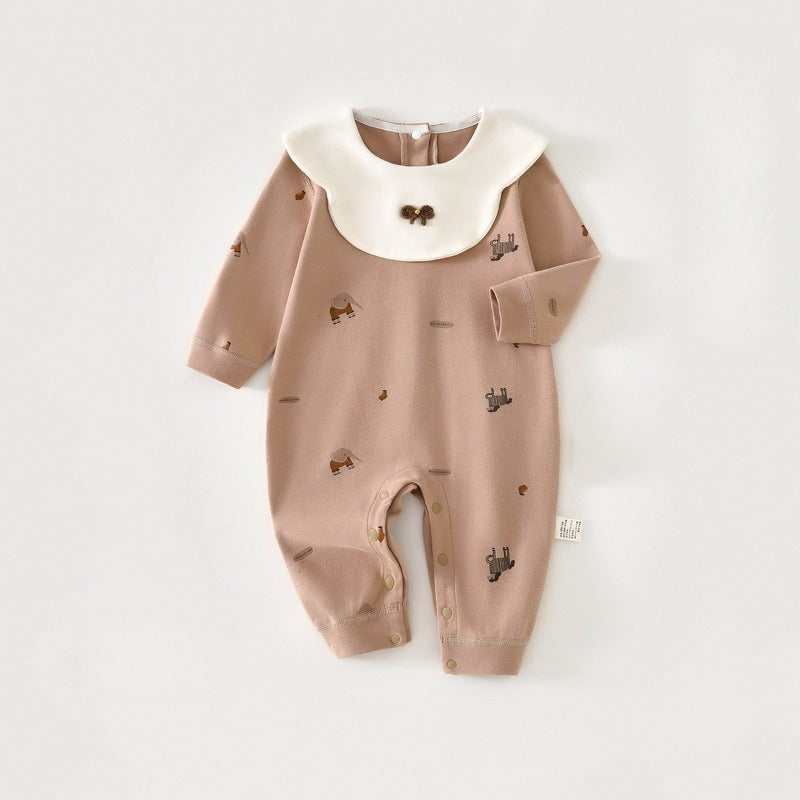 100% Cotton Snap-up Long-Sleeve Romper - Brown Elephant