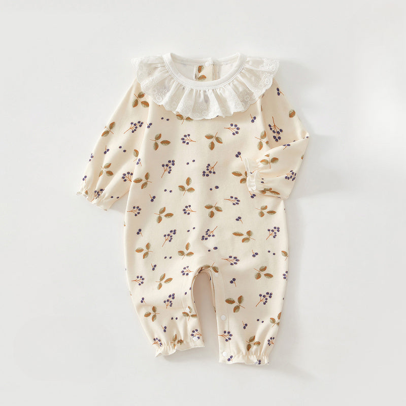 100% Cotton Long Sleeve Snap-Up Romper - Fruits & Leaves - Organic Cotton Clubs