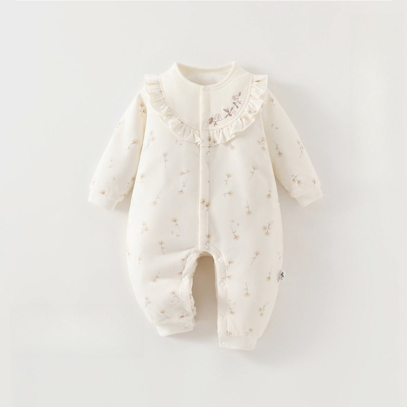 100% Cotton Quilted Long Sleeve Snap-Up Romper - Brown Flower Garden
