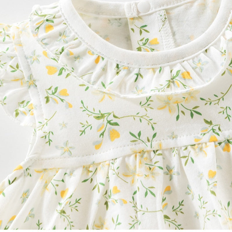 100% Cotton Flutter-Sleeve Dress - Yellow Spring Floral