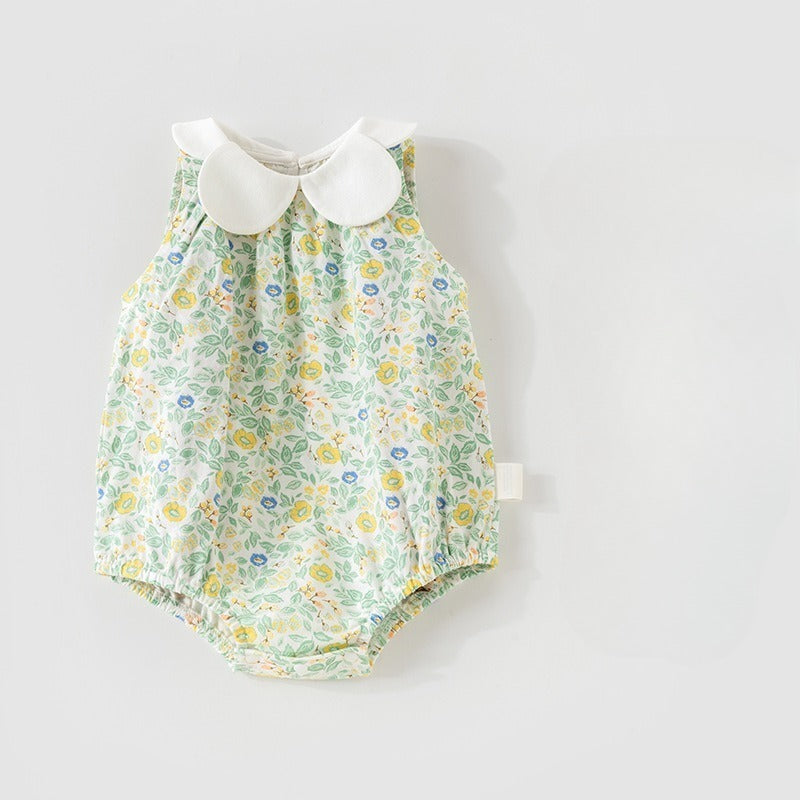 100% Cotton Sleeveless Bodysuit - Green Floral Garden