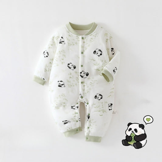 100% Cotton Quilted Long Sleeve Snap-Up Romper - Green Panda