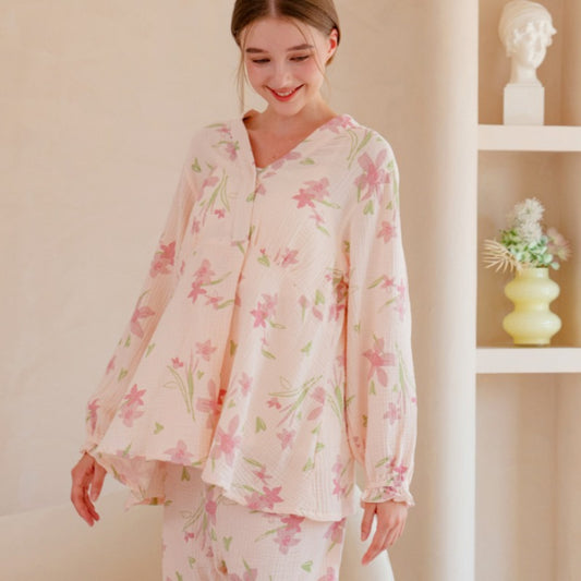 100% Cotton Muslin Maternity & Nursing Pajama Set- Pink Bloom