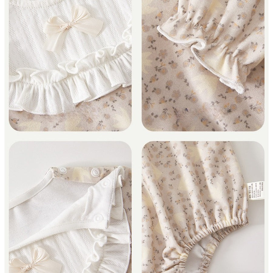 100% Cotton Long Sleeve Pullover Bodysuit - Brown Bowknot