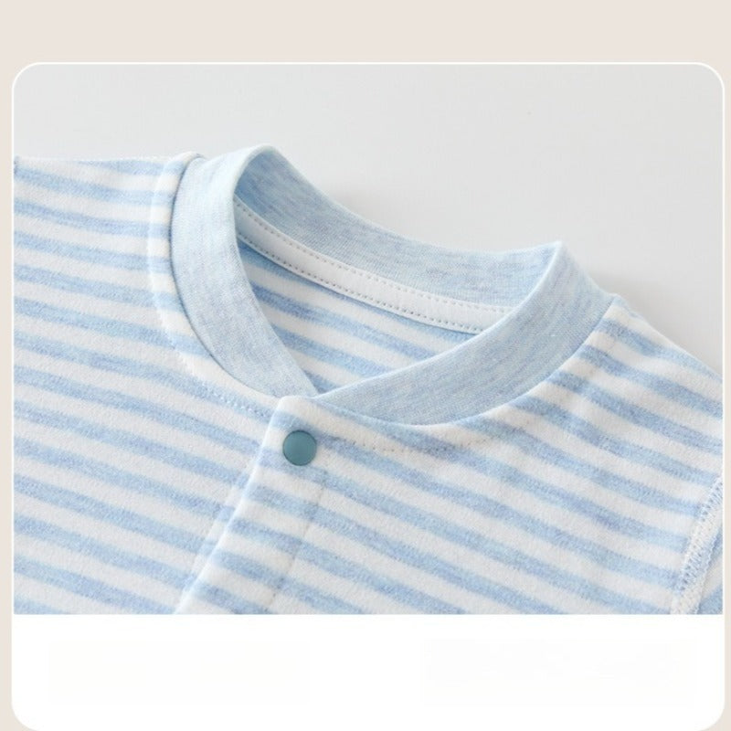 [2-Pieces Set] 100% Cotton Long Sleeve Snapup Romper - Beige & Beige Stripe